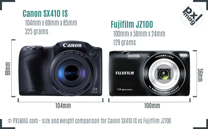 Canon SX410 IS vs Fujifilm JZ100 size comparison Canon SX410 IS vs Fujifilm JZ100 size comparison