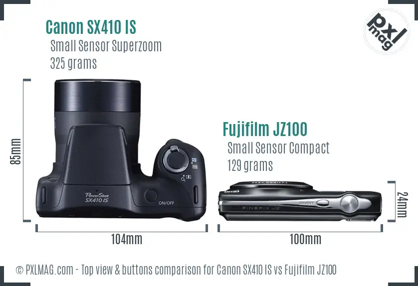 Canon SX410 IS vs Fujifilm JZ100 top view buttons comparison Canon SX410 IS vs Fujifilm JZ100 top view buttons comparison