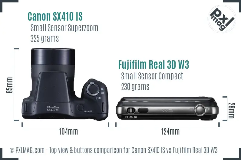 Canon SX410 IS vs Fujifilm Real 3D W3 top view buttons comparison Canon SX410 IS vs Fujifilm Real 3D W3 top view buttons comparison