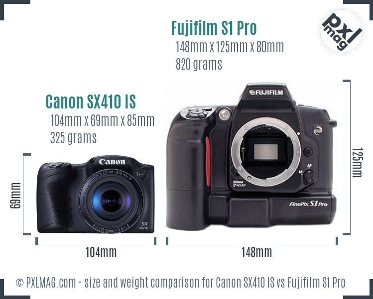 Canon SX410 IS vs Fujifilm S1 Pro size comparison