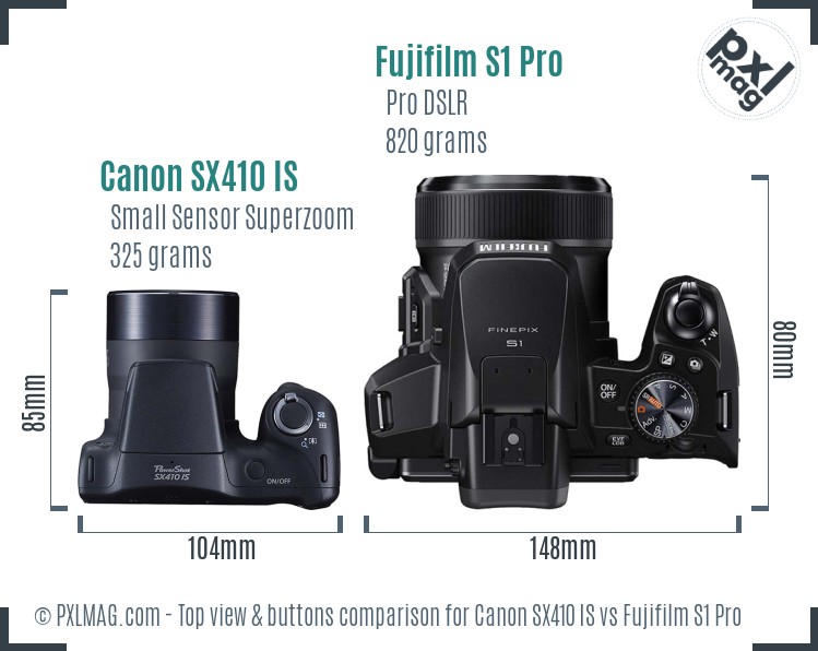 Canon SX410 IS vs Fujifilm S1 Pro top view buttons comparison