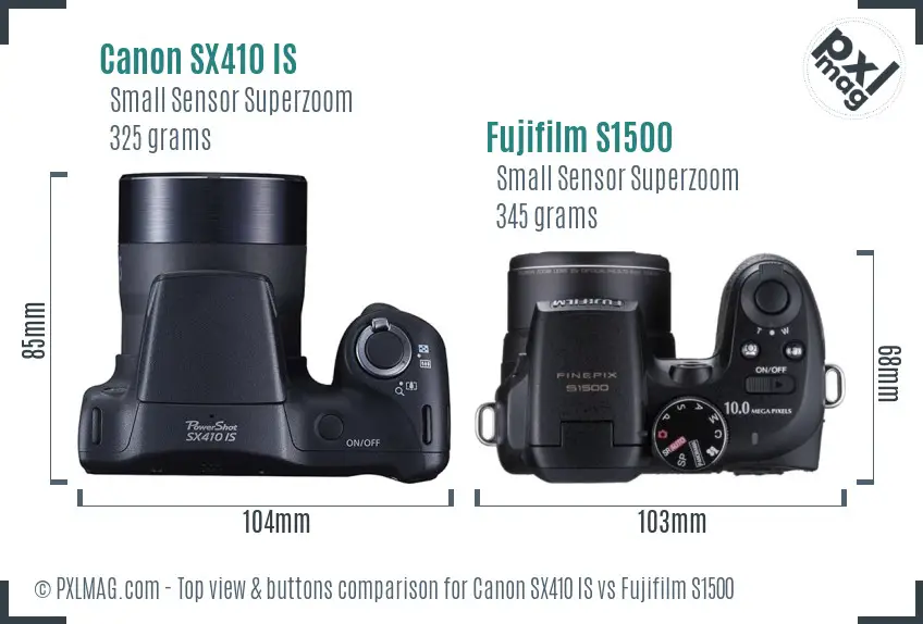Canon SX410 IS vs Fujifilm S1500 top view buttons comparison