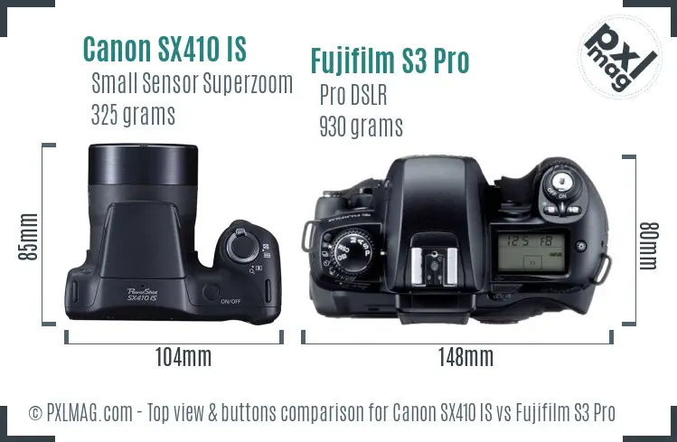 Canon SX410 IS vs Fujifilm S3 Pro top view buttons comparison