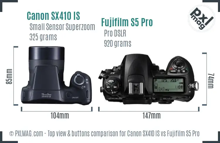 Canon SX410 IS vs Fujifilm S5 Pro top view buttons comparison Canon SX410 IS vs Fujifilm S5 Pro top view buttons comparison