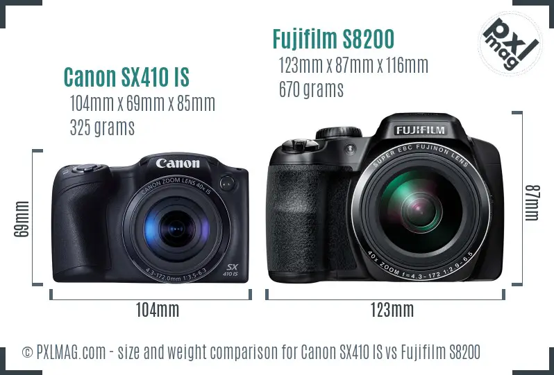 Canon SX410 IS vs Fujifilm S8200 size comparison