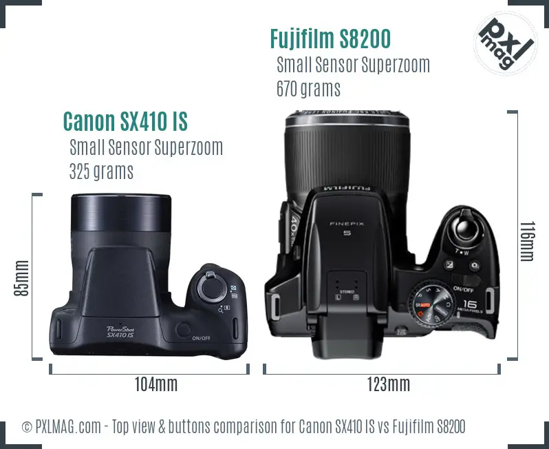 Canon SX410 IS vs Fujifilm S8200 top view buttons comparison