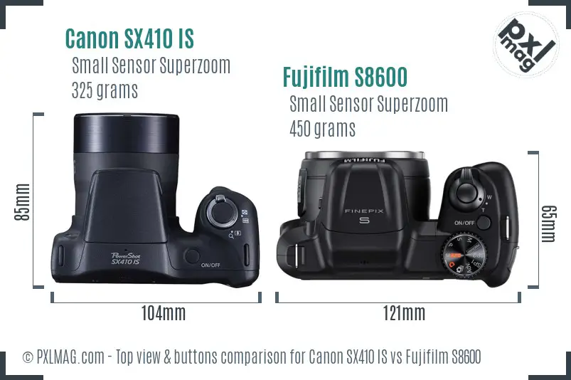 Canon SX410 IS vs Fujifilm S8600 top view buttons comparison