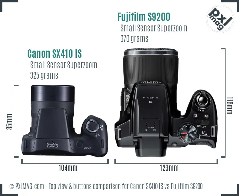 Canon SX410 IS vs Fujifilm S9200 top view buttons comparison Canon SX410 IS vs Fujifilm S9200 top view buttons comparison