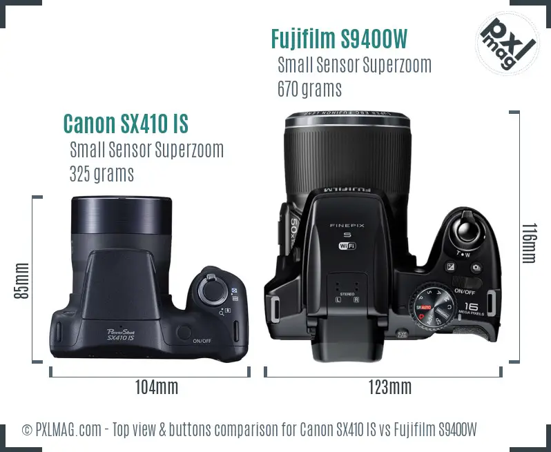 Canon SX410 IS vs Fujifilm S9400W top view buttons comparison