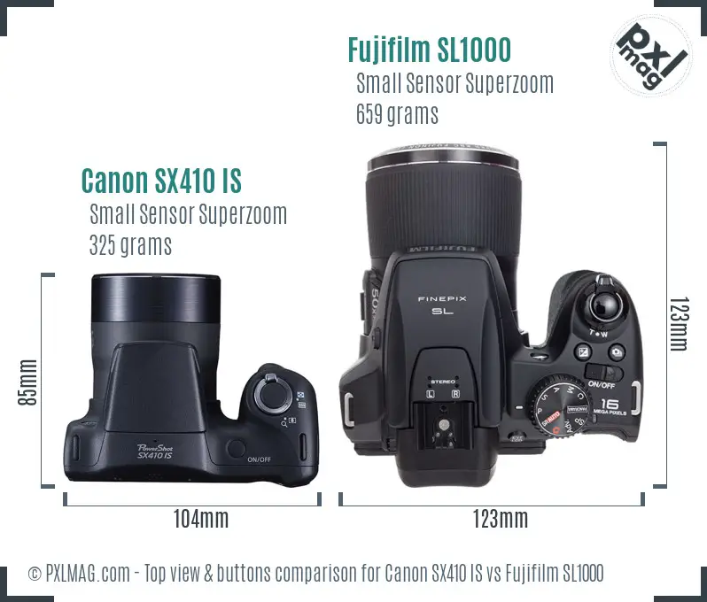 Canon SX410 IS vs Fujifilm SL1000 top view buttons comparison