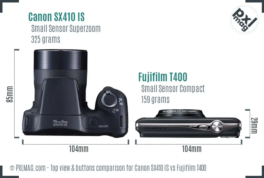 Canon SX410 IS vs Fujifilm T400 top view buttons comparison Canon SX410 IS vs Fujifilm T400 top view buttons comparison