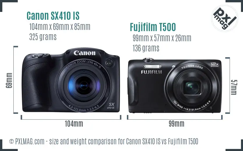 Canon SX410 IS vs Fujifilm T500 size comparison