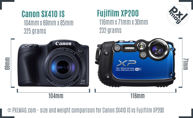 Canon SX410 IS vs Fujifilm XP200 size comparison
