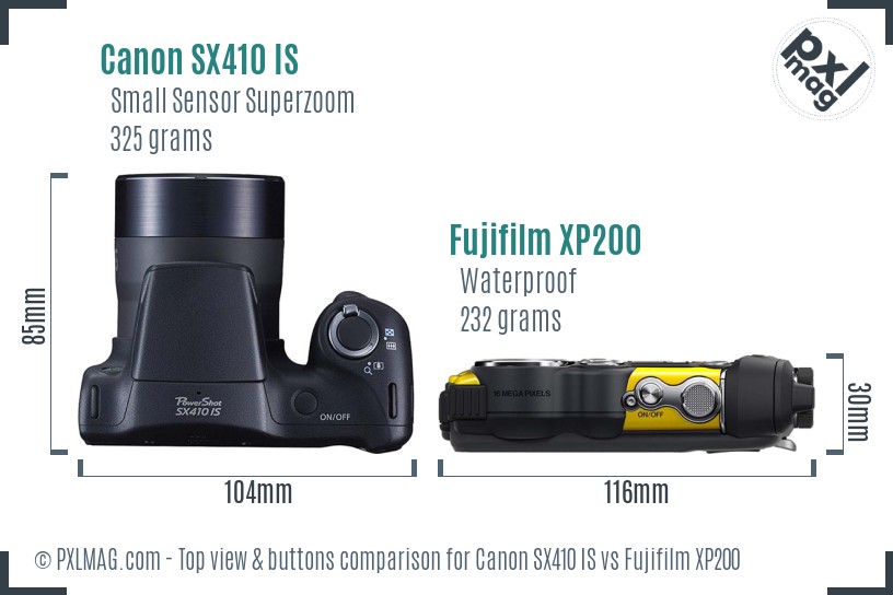 Canon SX410 IS vs Fujifilm XP200 top view buttons comparison