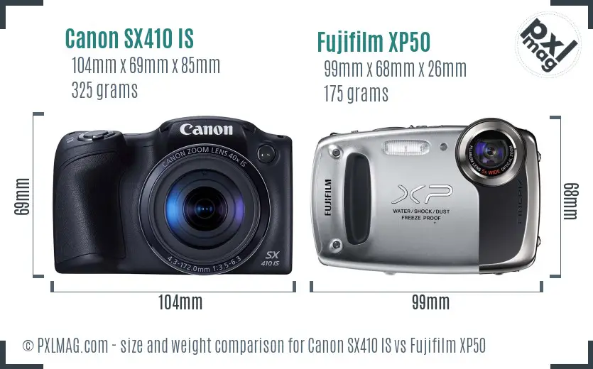 Canon SX410 IS vs Fujifilm XP50 size comparison Canon SX410 IS vs Fujifilm XP50 size comparison