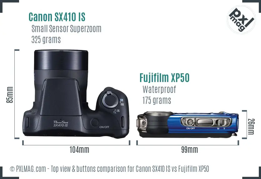Canon SX410 IS vs Fujifilm XP50 top view buttons comparison