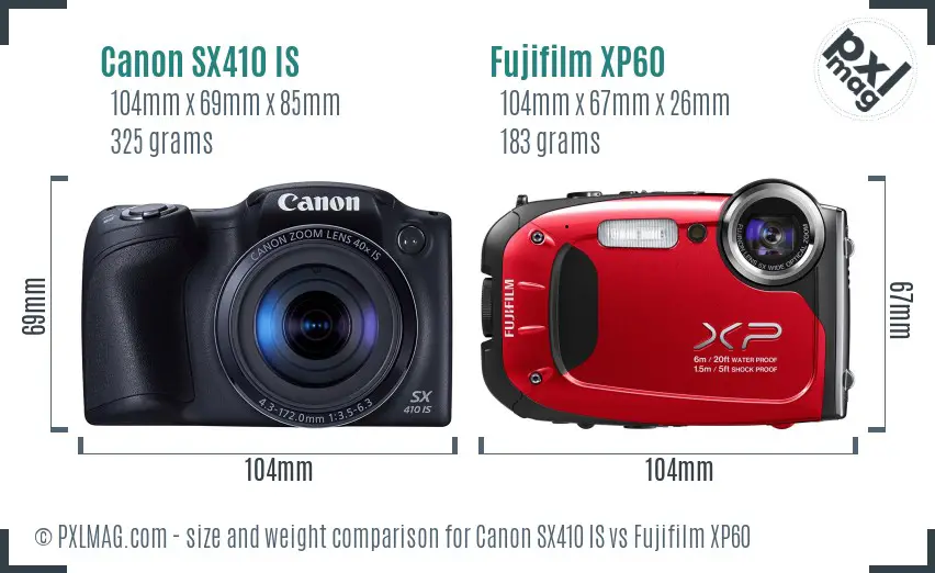 Canon SX410 IS vs Fujifilm XP60 size comparison