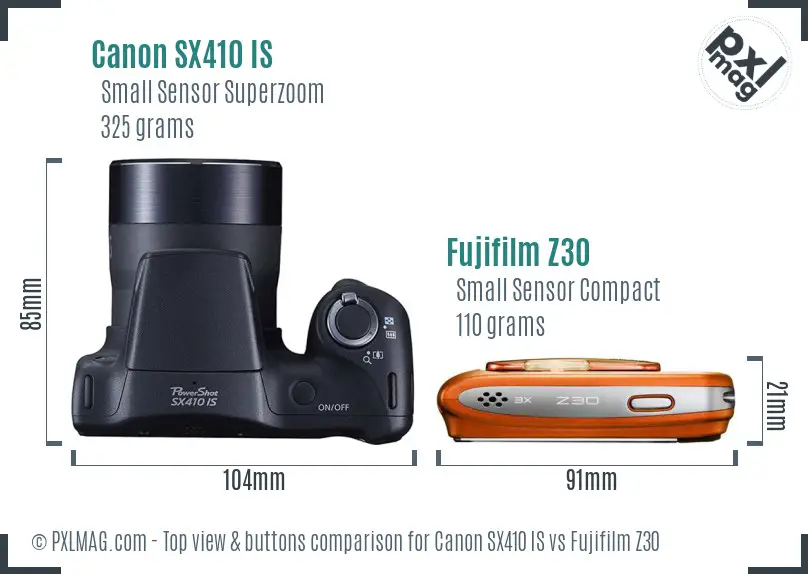 Canon SX410 IS vs Fujifilm Z30 top view buttons comparison