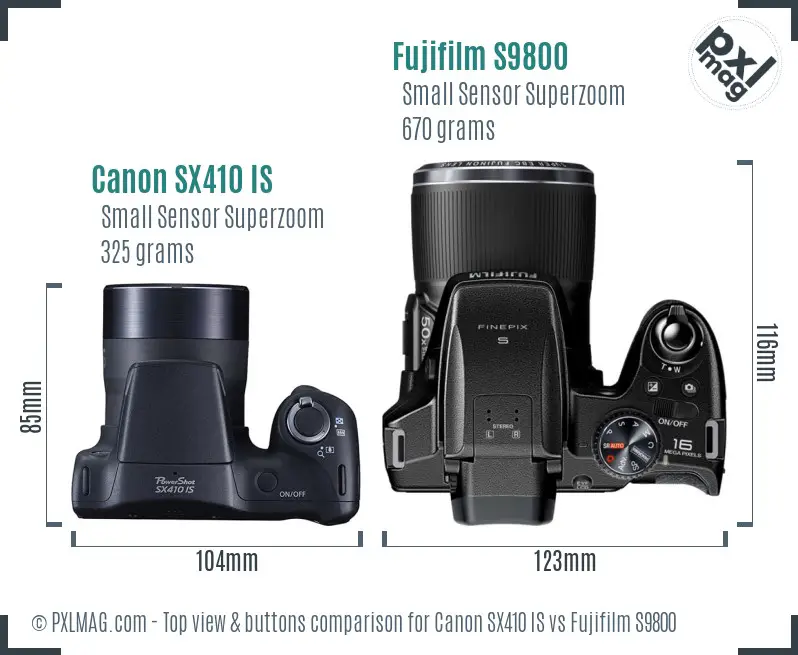 Canon SX410 IS vs Fujifilm S9800 top view buttons comparison