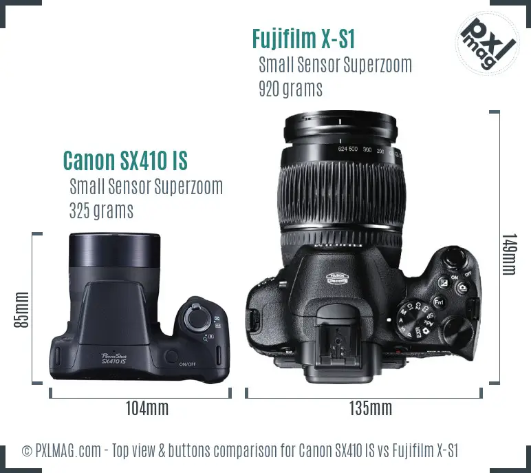 Canon SX410 IS vs Fujifilm X-S1 top view buttons comparison