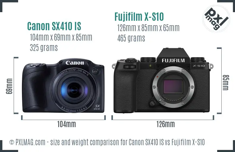 Canon SX410 IS vs Fujifilm X-S10 size comparison