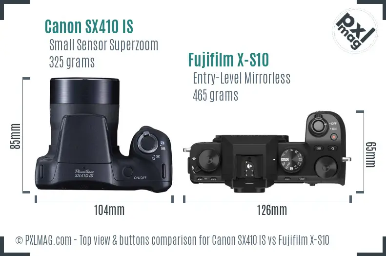 Canon SX410 IS vs Fujifilm X-S10 top view buttons comparison