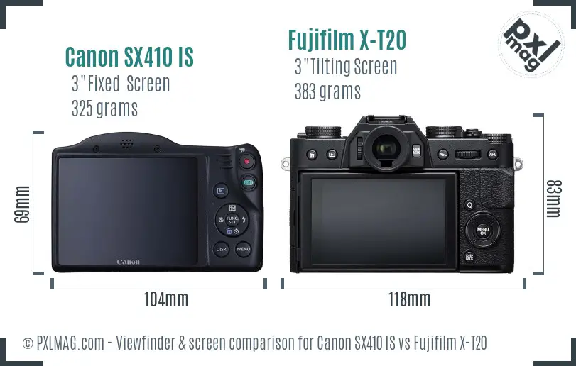Canon SX410 IS vs Fujifilm X-T20 Screen and Viewfinder comparison