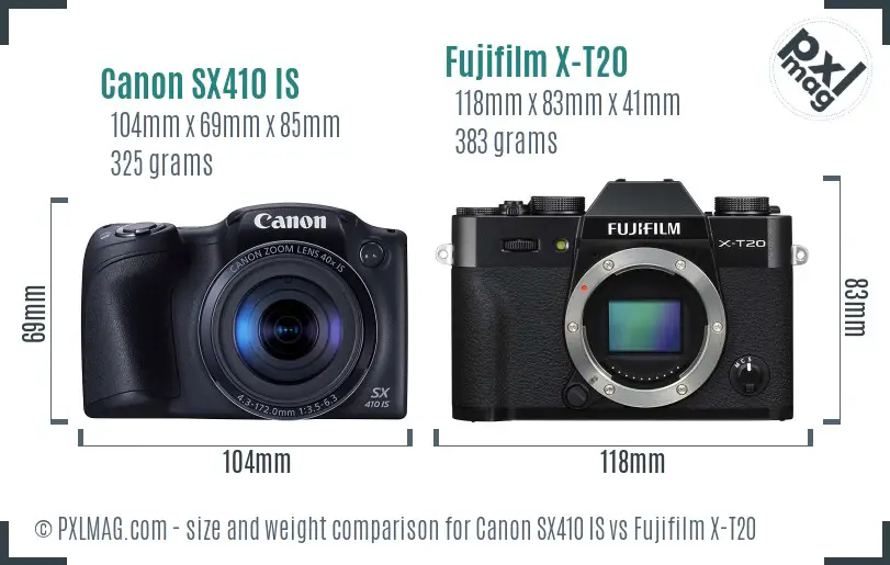 Canon SX410 IS vs Fujifilm X-T20 size comparison