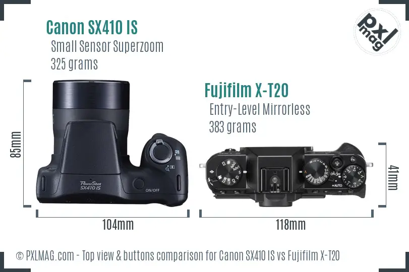 Canon SX410 IS vs Fujifilm X-T20 top view buttons comparison