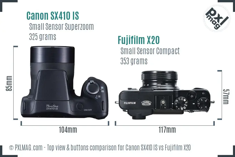 Canon SX410 IS vs Fujifilm X20 top view buttons comparison Canon SX410 IS vs Fujifilm X20 top view buttons comparison