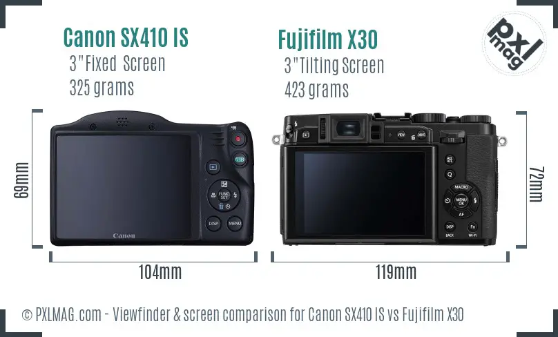 Canon SX410 IS vs Fujifilm X30 Screen and Viewfinder comparison