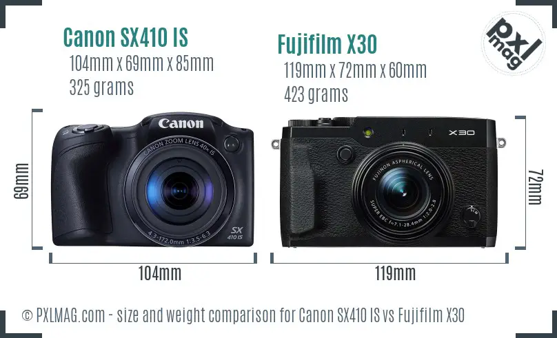 Canon SX410 IS vs Fujifilm X30 size comparison
