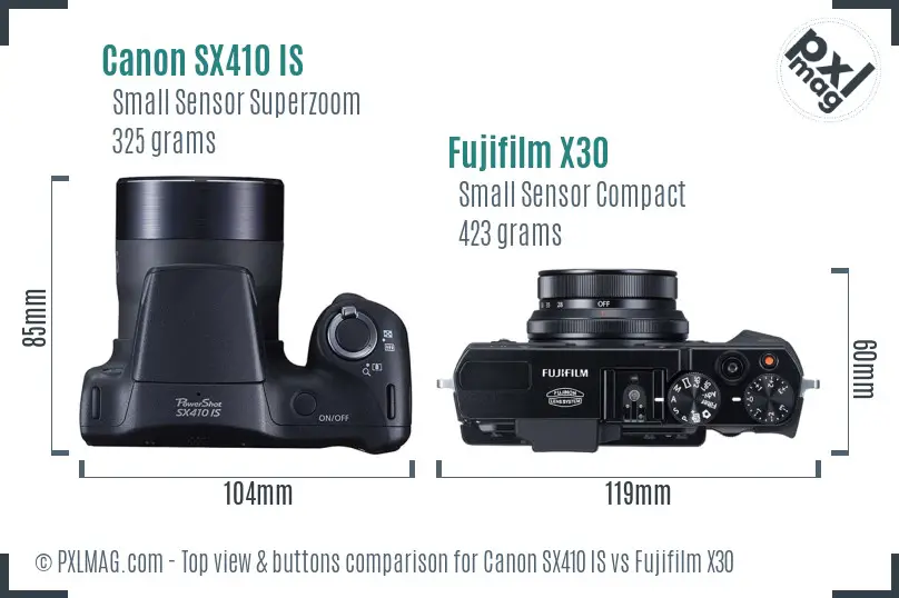 Canon SX410 IS vs Fujifilm X30 top view buttons comparison