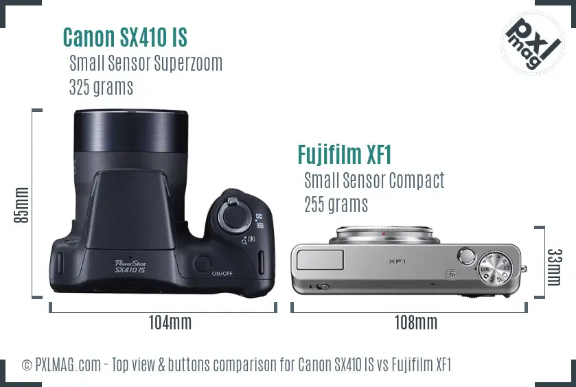 Canon SX410 IS vs Fujifilm XF1 top view buttons comparison