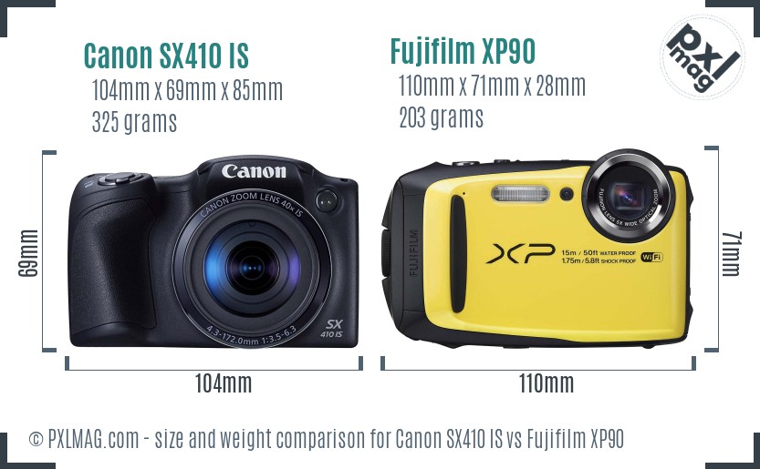 Canon SX410 IS vs Fujifilm XP90 size comparison Canon SX410 IS vs Fujifilm XP90 size comparison