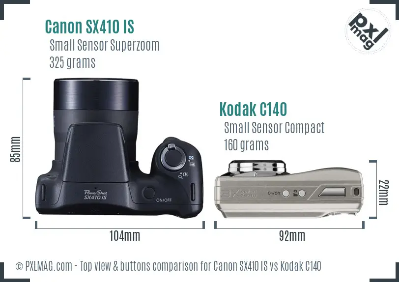 Canon SX410 IS vs Kodak C140 top view buttons comparison Canon SX410 IS vs Kodak C140 top view buttons comparison