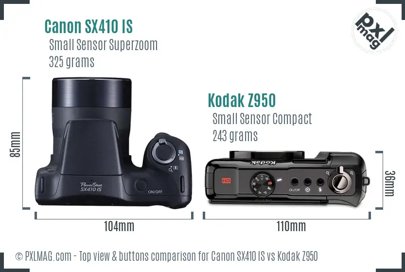 Canon SX410 IS vs Kodak Z950 top view buttons comparison Canon SX410 IS vs Kodak Z950 top view buttons comparison