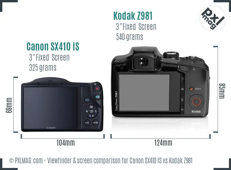 Canon SX410 IS vs Kodak Z981 Screen and Viewfinder comparison