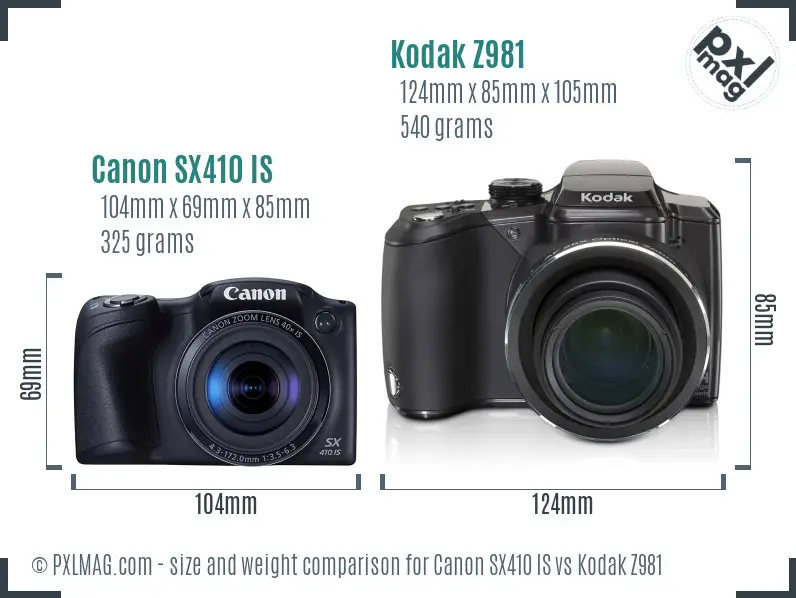 Canon SX410 IS vs Kodak Z981 size comparison