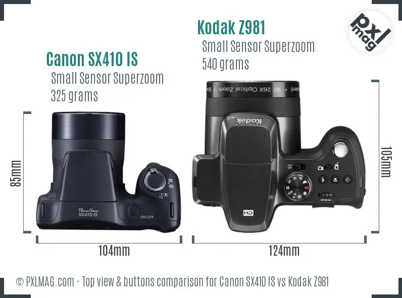 Canon SX410 IS vs Kodak Z981 top view buttons comparison