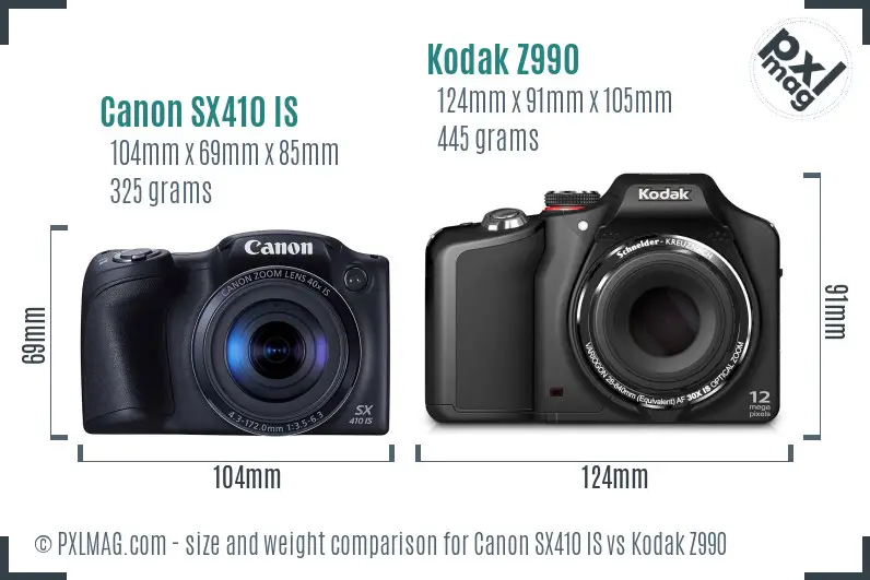 Canon SX410 IS vs Kodak Z990 size comparison