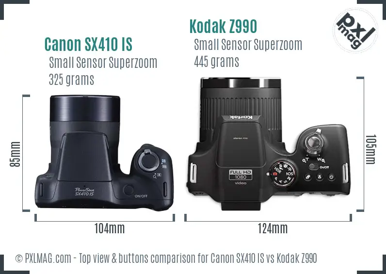 Canon SX410 IS vs Kodak Z990 top view buttons comparison