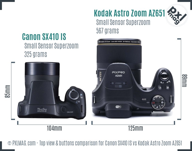 Canon SX410 IS vs Kodak Astro Zoom AZ651 top view buttons comparison
