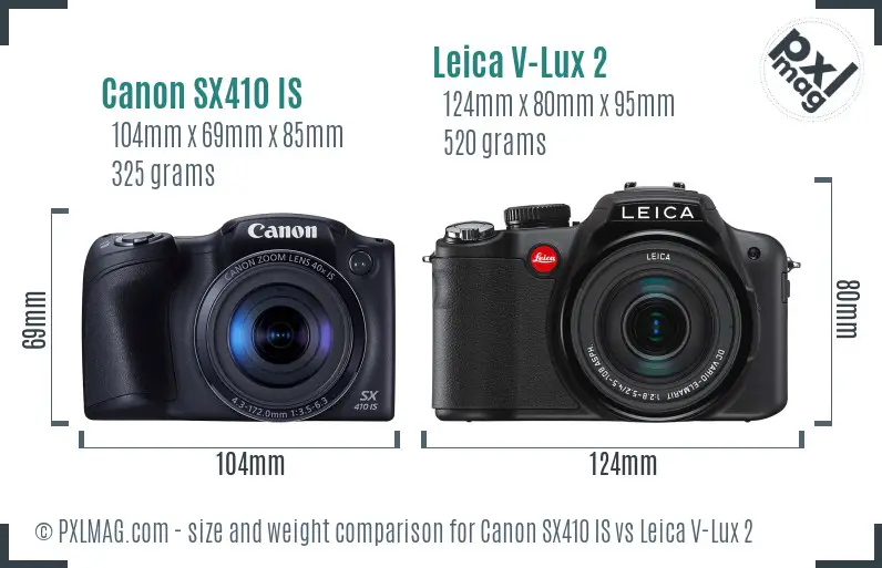 Canon SX410 IS vs Leica V-Lux 2 size comparison