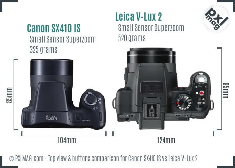 Canon SX410 IS vs Leica V-Lux 2 top view buttons comparison
