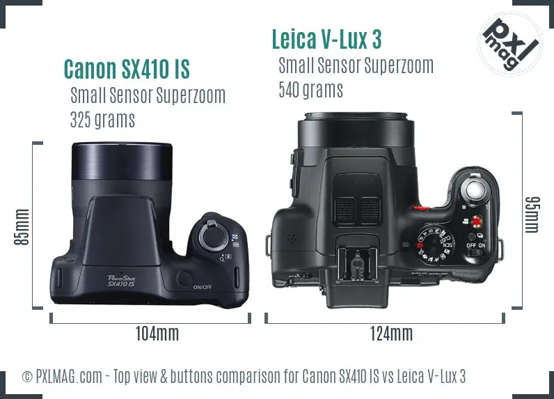 Canon SX410 IS vs Leica V-Lux 3 top view buttons comparison