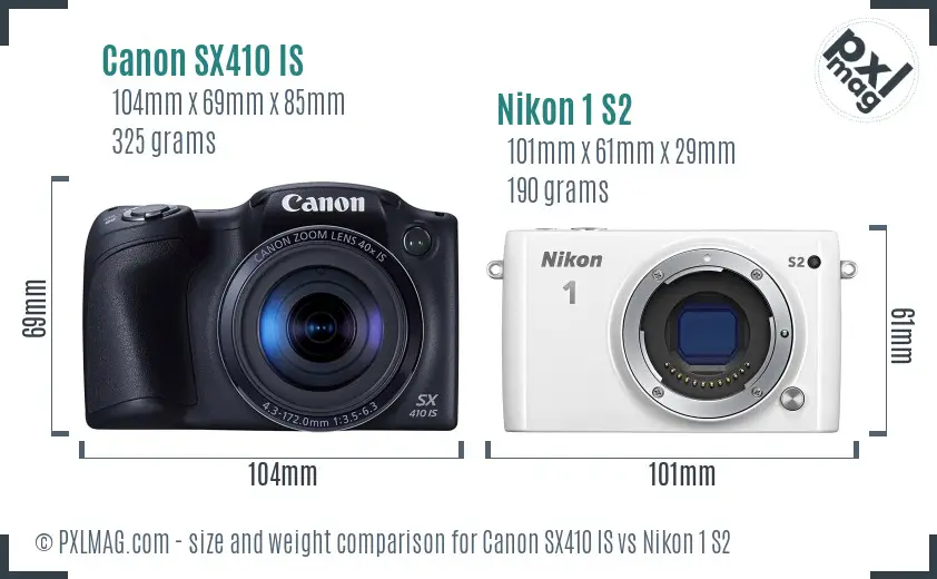 Canon SX410 IS vs Nikon 1 S2 size comparison
