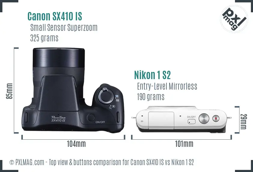 Canon SX410 IS vs Nikon 1 S2 top view buttons comparison