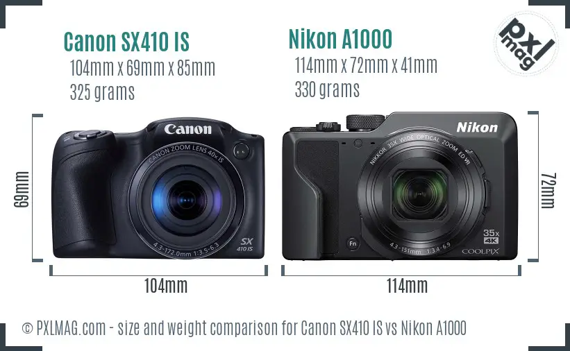 Canon SX410 IS vs Nikon A1000 size comparison