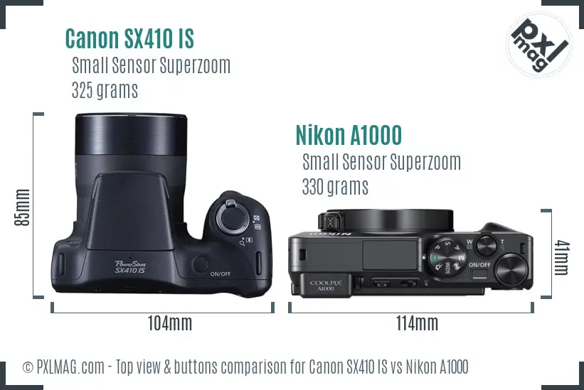 Canon SX410 IS vs Nikon A1000 top view buttons comparison